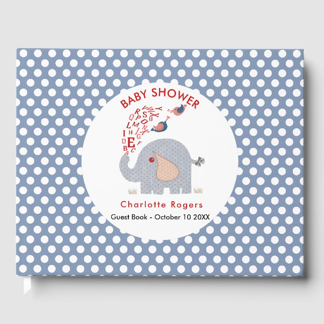 Whimsy Blue Kids Alphabet Elephant Baby Boy Shower Guest Book (Front)