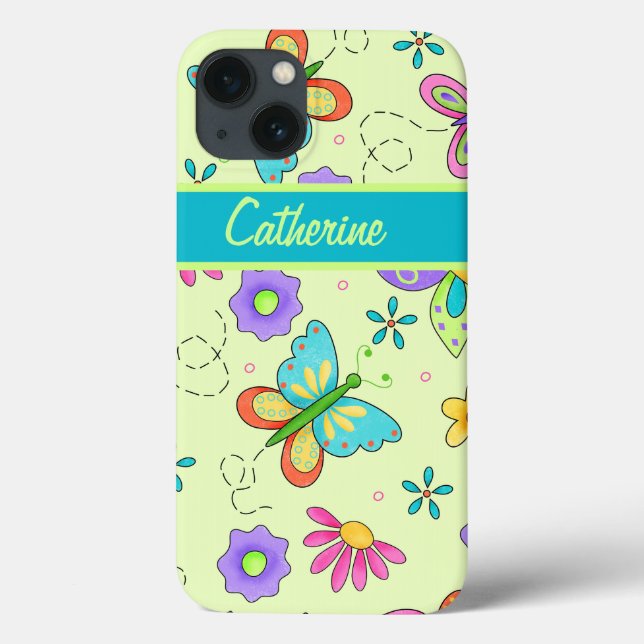 Whimsy Butterflies on Green Custom Name Case-Mate iPhone Case (Back)