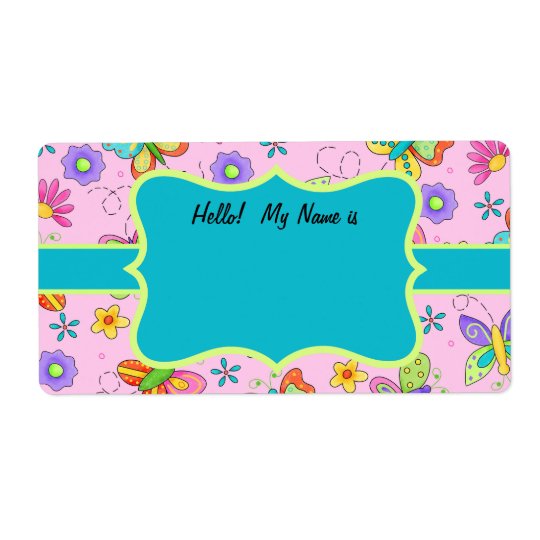 Whimsy Butterflies Pink Turquoise Name Tag Shipping Label