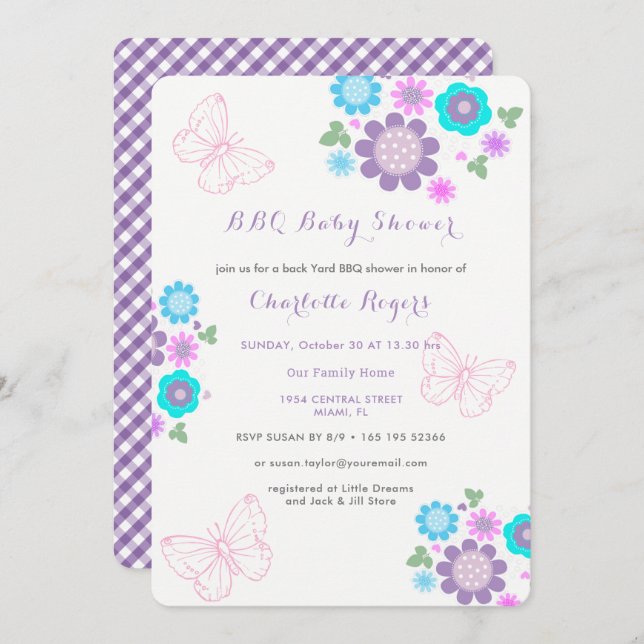 Whimsy Butterfly Flowers BBQ Backyard Baby Shower Invitation (Front/Back)