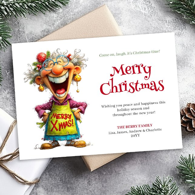 Whimsy Cartoon Woman Merry Christmas Greeting Holiday Card (Whimsy Cartoon Woman Merry Christmas Greeting)