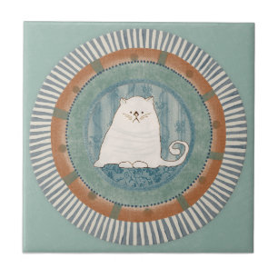 Whimsy Cat Mint Blue Terracotta Aqua Teal Ceramic Tile