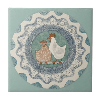 Whimsy Chickens Mint Blue Terracotta Teal Aqua Ceramic Tile