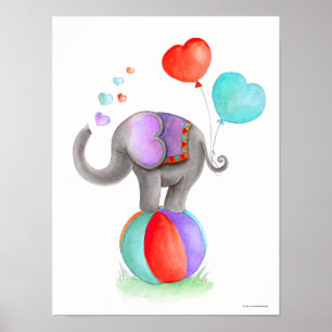 Whimsy circus grey elephant on a ball nursery poster