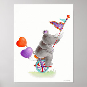 Whimsy circus grey rhino on a unicycle nursery poster