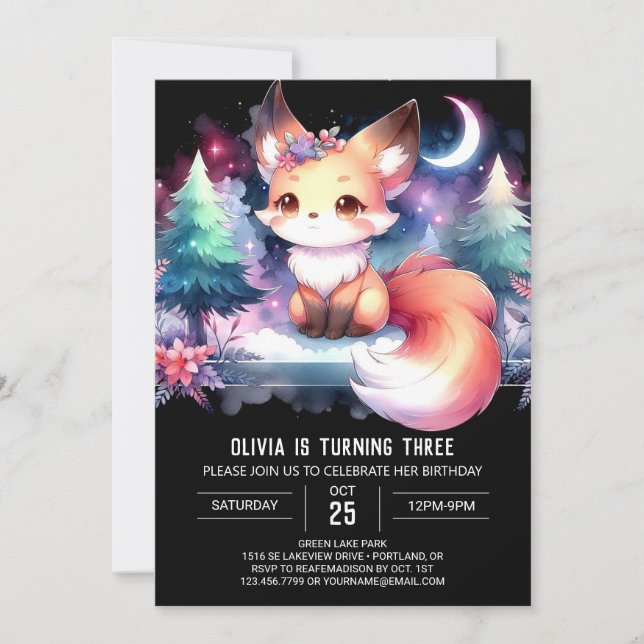 Whimsy Digital Fox Birthday Invitation (Front)