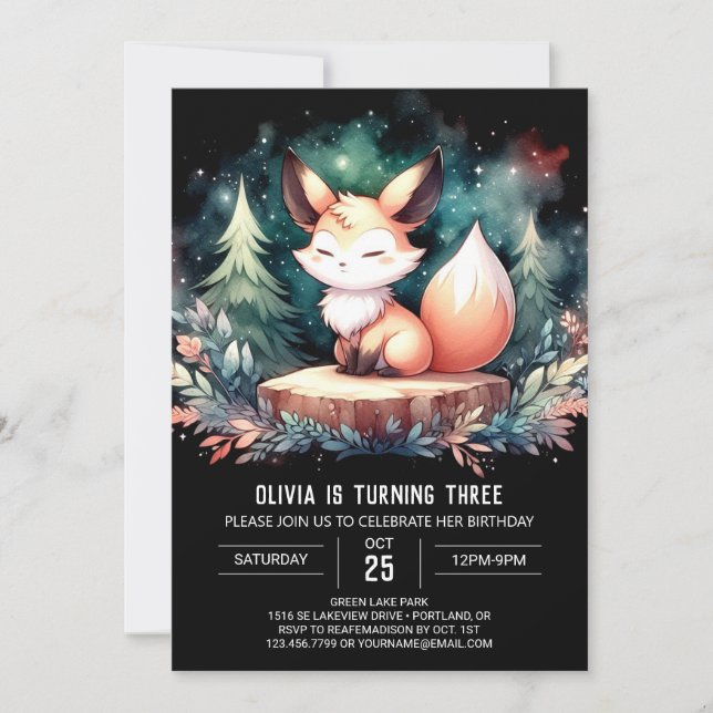 Whimsy Elegant Fox Birthday digital Invitation (Front)
