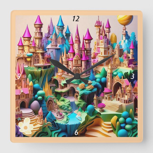 "Whimsy Fantasy Illustrations" Square Wall Clock (Front)