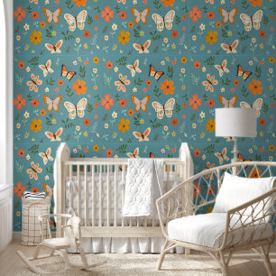 Whimsy Flowers Butterflies Cyan Background Floral Wallpaper