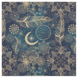 Whimsy Gold Glitter Dreamcatcher Feathers Mandala Fabric