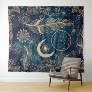 Whimsy Gold Glitter Dreamcatcher Feathers Mandala Tapestry