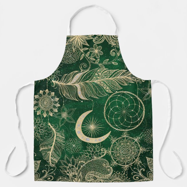 Whimsy Gold & Green Dreamcatcher Feathers Mandala Apron (Front)