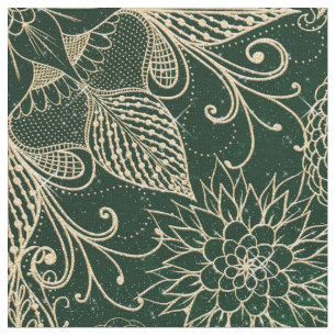 Whimsy Gold & Green Dreamcatcher Feathers Mandala Fabric