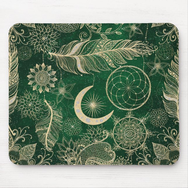 Whimsy Gold & Green Dreamcatcher Feathers Mandala Mouse Pad (Front)