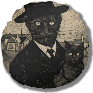 Whimsy Goth Van Gogh Black Cat Round Cushion