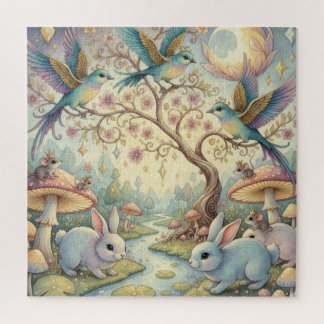 Whimsy Grove - Rabbits and Birds in Twilight Jigsaw Puzzle
