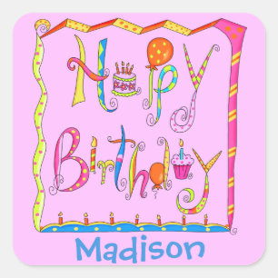 Whimsy Happy Birthday Name Personalised Pink Square Sticker