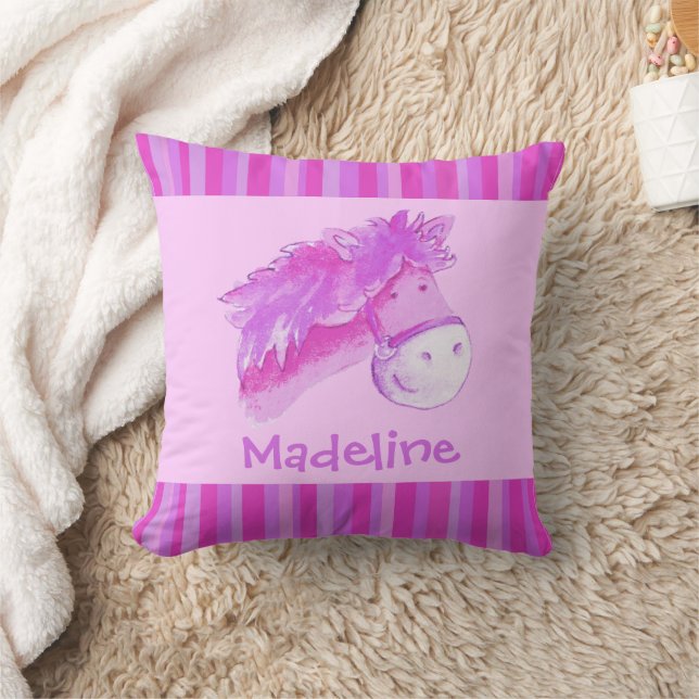 Whimsy horse pink purple bright stripe custom name cushion (Blanket)