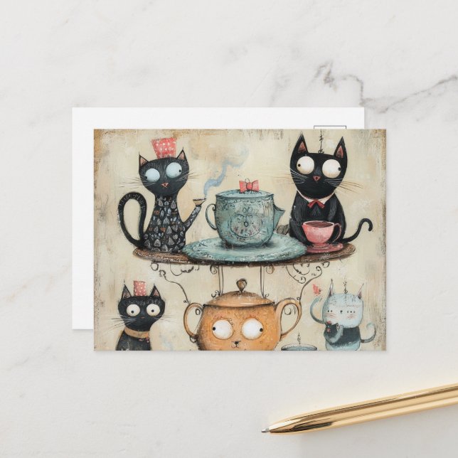 Whimsy Kitty Tea Party Postcard (Front/Back In Situ)
