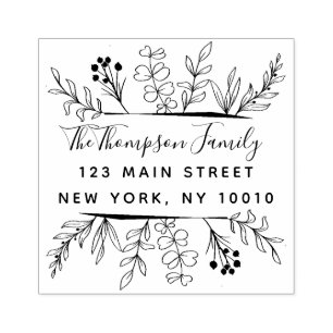 Whimsy Leaves Hand-drawn Family Return Address Rubber Stamp