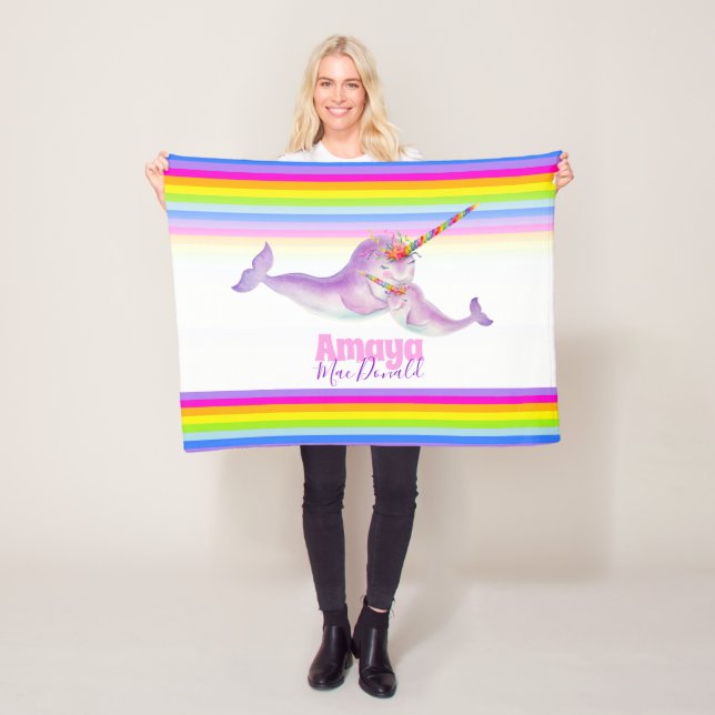 Whimsy narwhal rainbow name colourful fleece blanket (In Situ)