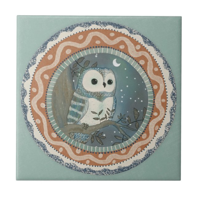 Whimsy Owl Mint Blue Terracotta Teal Aqua Ceramic Tile (Front)