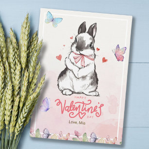 Whimsy Pink Butterflies & Bunny Valentine's Day  Card