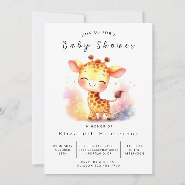Whimsy Printable Giraffe Baby Shower Invitation (Front)