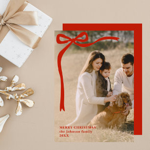 Whimsy Red Ribbon Simple Elegant Photo Christmas Holiday Card
