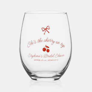 Whimsy Red She's the Cherry on Top Bridal Shower Stemless Wine Glass