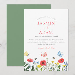Whimsy Red Wildflower Butterfly Monogram Wedding Invitation