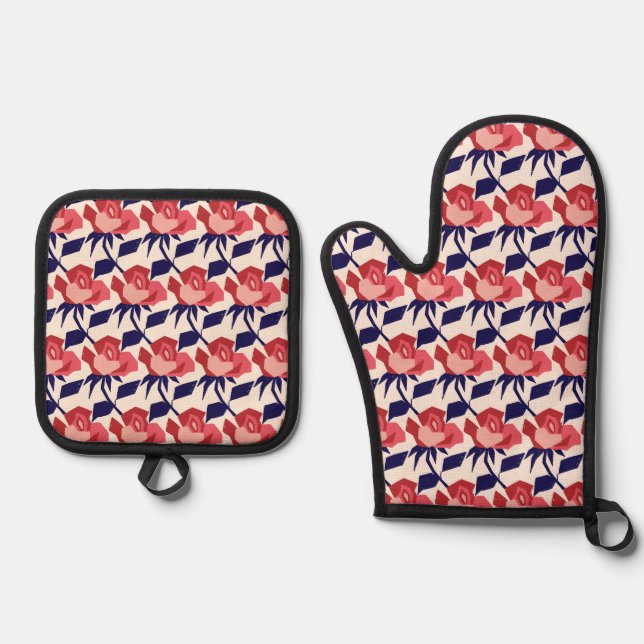 Whimsy Rose Navy Red Silver Quilted Oven Mitt & Pot Holder Set (Front)