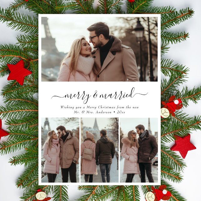 Whimsy Script 4 Photo Merry & Married Christmas Holiday Card (Creator Uploaded)