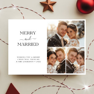 Whimsy Script Merry and Married Christmas 3 photo Holiday Card