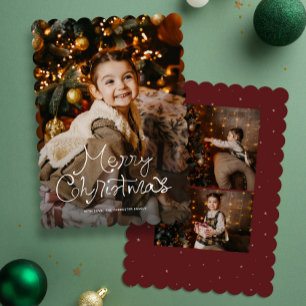 Whimsy script Merry Christmas three photo red Holiday Card