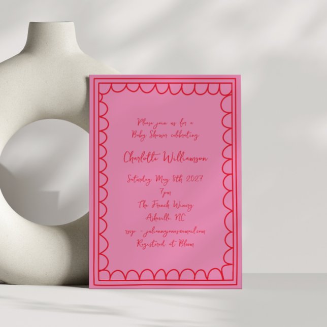 Whimsy Script Pink Red Doodle Border Baby Shower Invitation (Creator Uploaded)