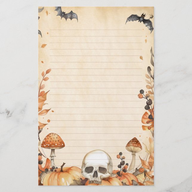 Whimsy Skull and Mushroom Rustic Halloween Lined Stationery (Front)