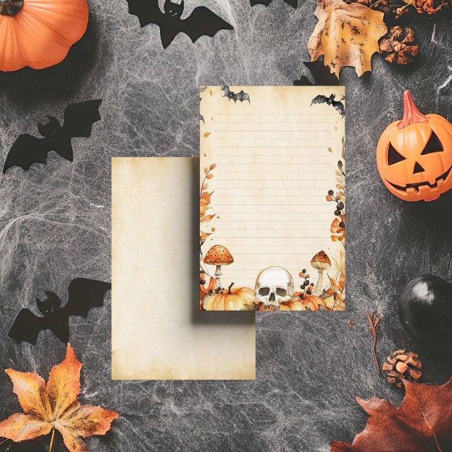 Whimsy Skull and Mushroom Rustic Halloween Lined Stationery (Aged parchment adorned with bats, pumpkins, and autumn vines—this stationery carries October’s magic)