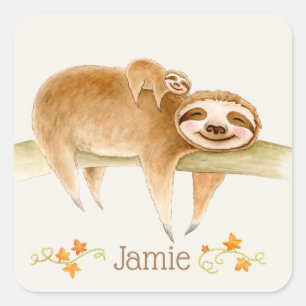 Whimsy sloth watercolor custom name square sticker