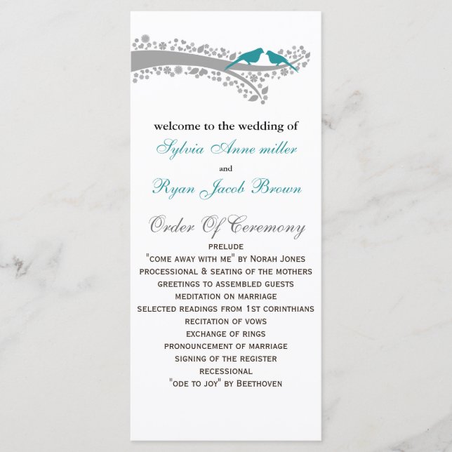 whimsy tree blue lovebirds Wedding program (Front)