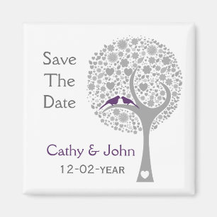 whimsy tree purple lovebirds mod save the date magnet