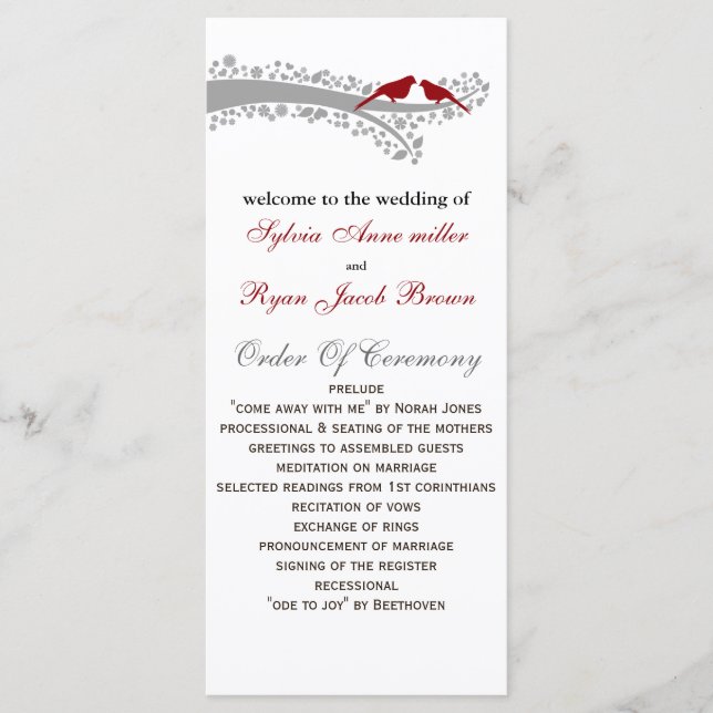 whimsy tree red lovebirds Wedding program (Front)