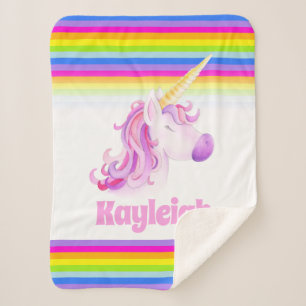Whimsy unicorn rainbow kids custom name sherpa blanket