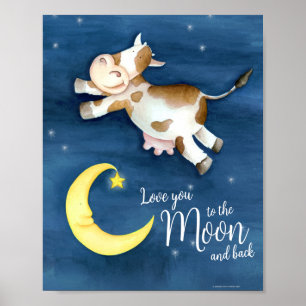 Whimsy watercolor art cow jumping over the moon poster