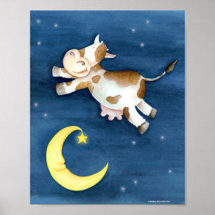 Whimsy watercolor art cow jumping over the moon poster