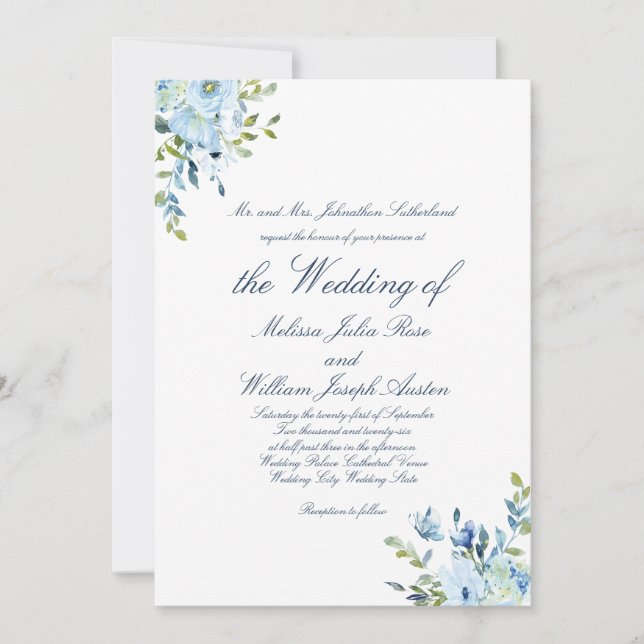 Whimsy Watercolor Blue Botanical Script Wedding Invitation (Front)
