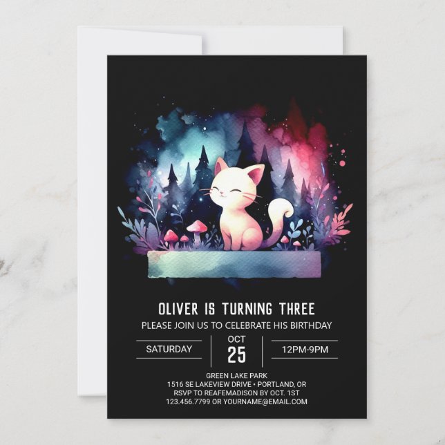 Whimsy Watercolor Cat Birthday Invitation (Front)