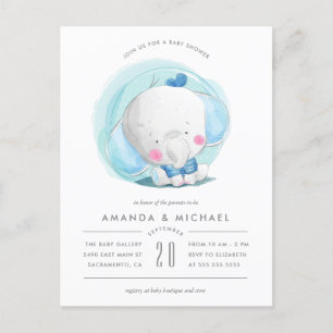 Whimsy Watercolor Elephant Blue Boy's Baby Shower Invitation Postcard