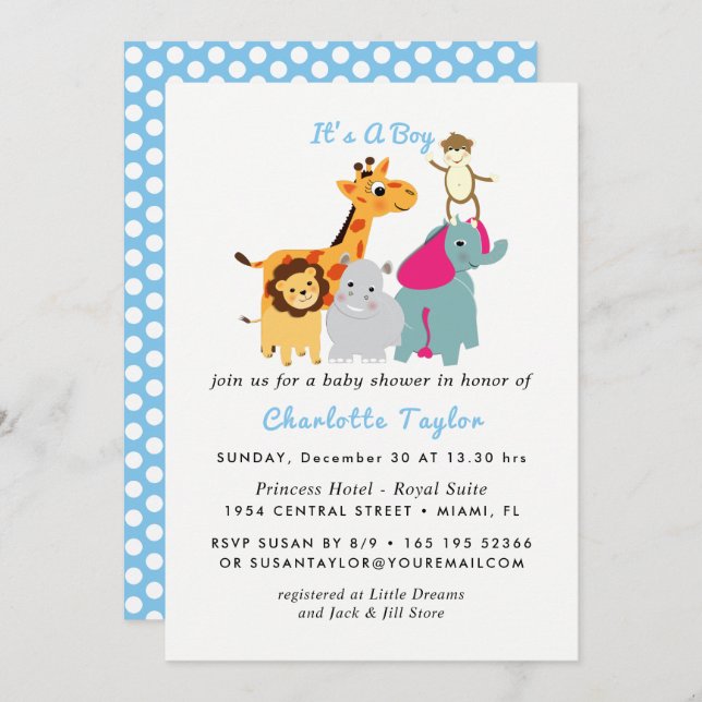 Whimsy Zoo Animals Cute Boys Baby Shower Invite (Front/Back)