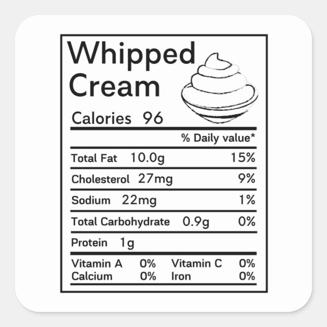 Whipped Cream Nutrition Facts matching Square Sticker (Front)